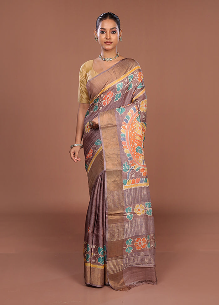 Cream Handloom Tussar Pure Silk Saree With Blouse Piece