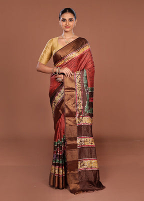 Green Handloom Tussar Pure Silk Saree With Blouse Piece