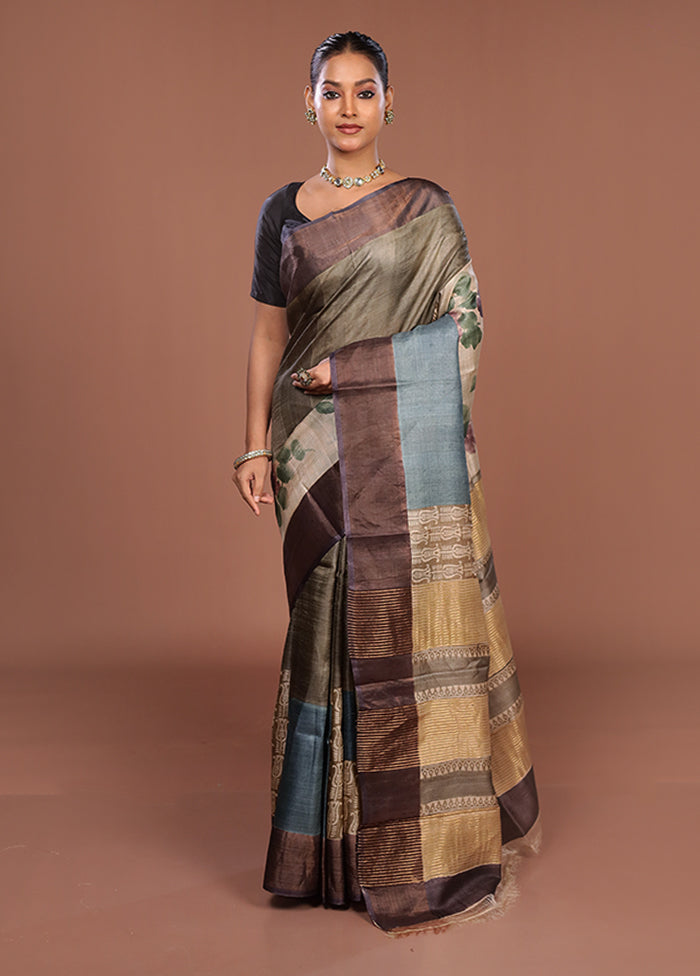 Green Handloom Tussar Pure Silk Saree With Blouse Piece