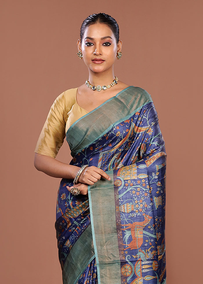 Blue Handloom Tussar Pure Silk Saree With Blouse Piece