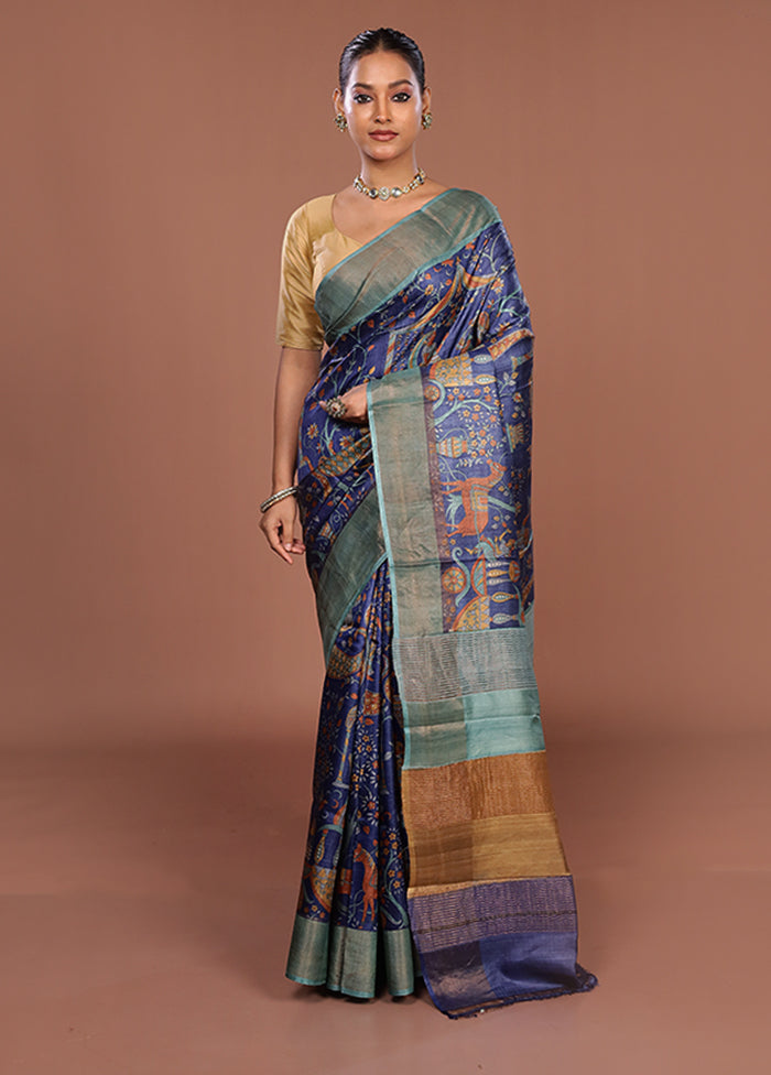 Blue Handloom Tussar Pure Silk Saree With Blouse Piece