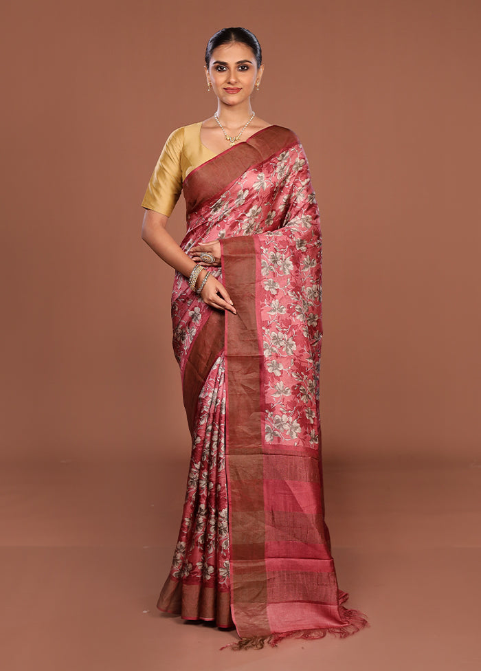 Pink Handloom Tussar Pure Silk Saree With Blouse Piece