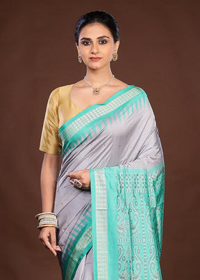 Grey Handloom Bomkai Pure Silk Saree With Blouse Piece