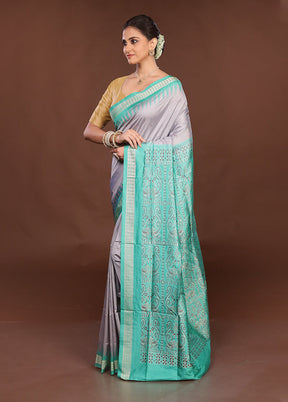 Grey Handloom Bomkai Pure Silk Saree With Blouse Piece