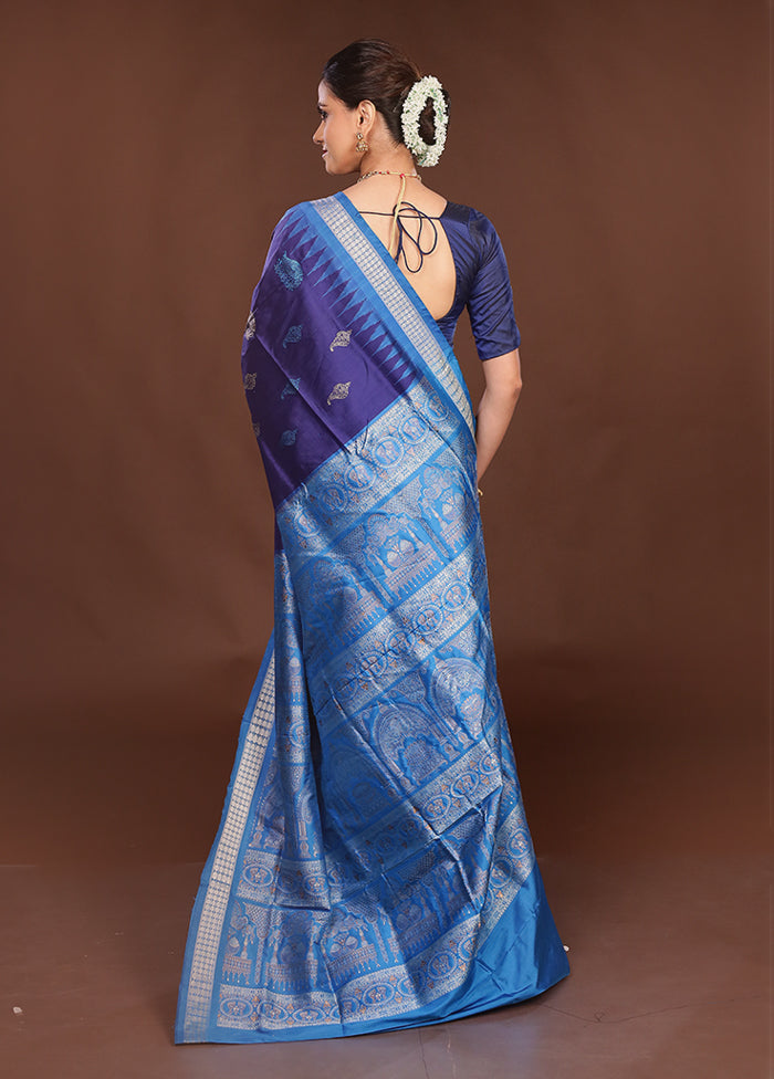 Blue Handloom Bomkai Pure Silk Saree With Blouse Piece