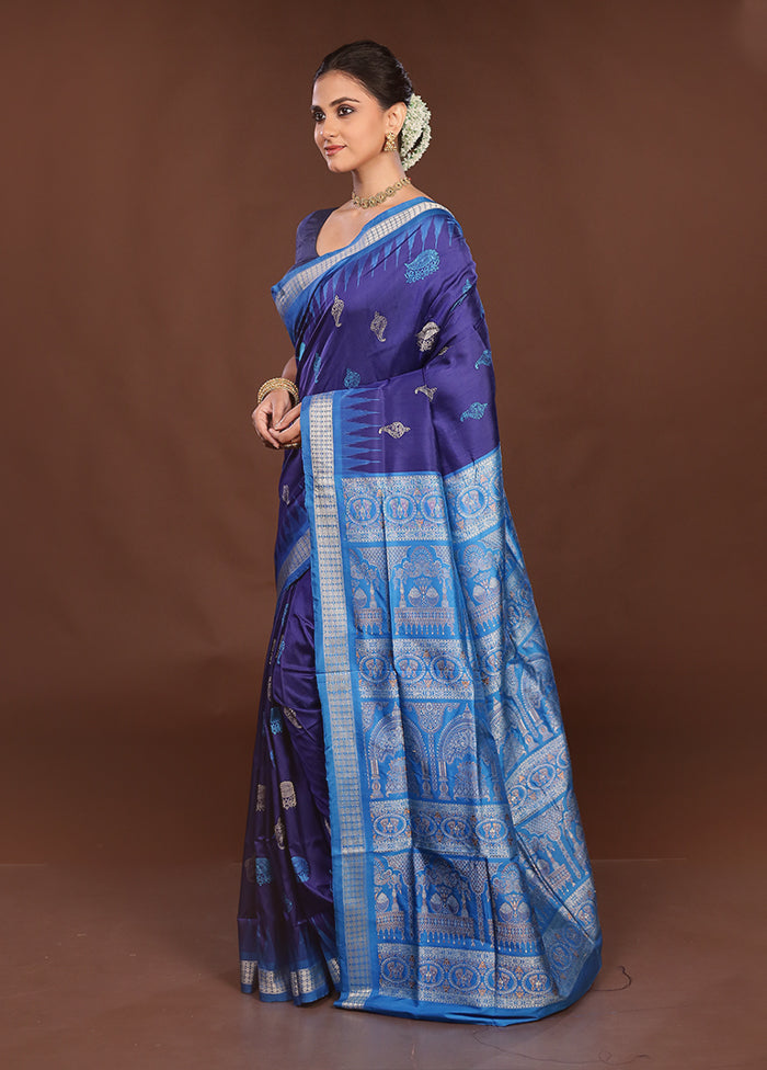 Blue Handloom Bomkai Pure Silk Saree With Blouse Piece