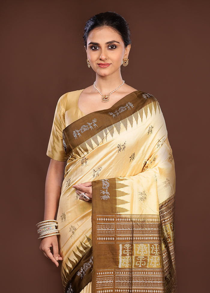 Cream Handloom Bomkai Pure Silk Saree With Blouse Piece