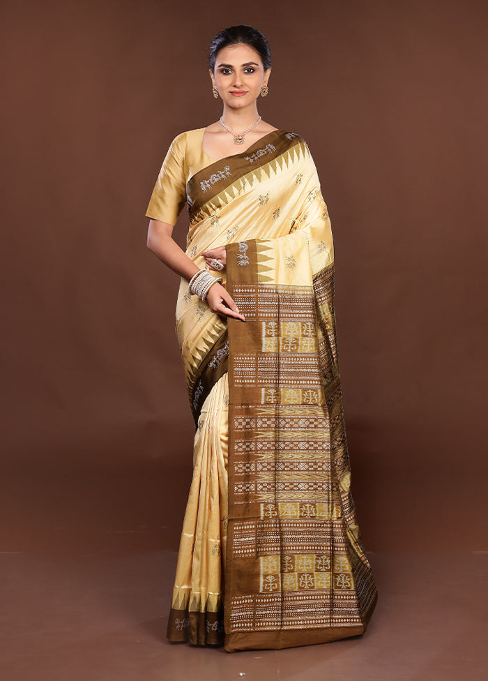 Cream Handloom Bomkai Pure Silk Saree With Blouse Piece