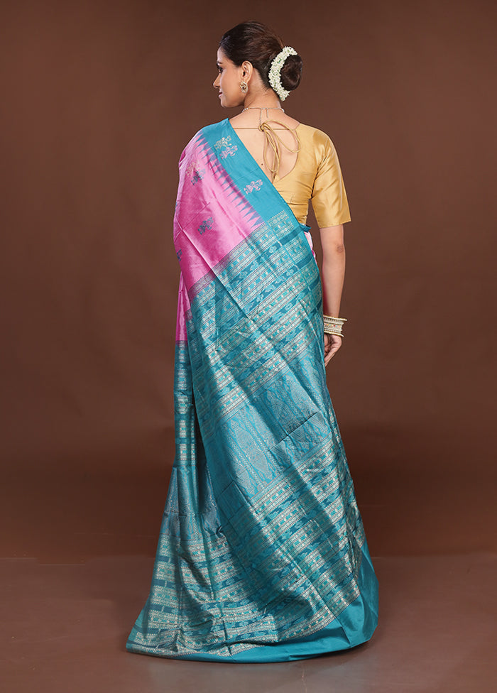 Pink Handloom Bomkai Pure Silk Saree With Blouse Piece