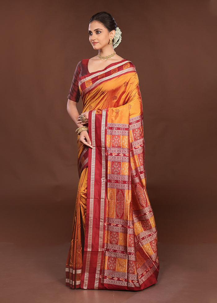Yellow Handloom Bomkai Pure Silk Saree With Blouse Piece