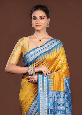 Yellow Handloom Bomkai Pure Silk Saree With Blouse Piece