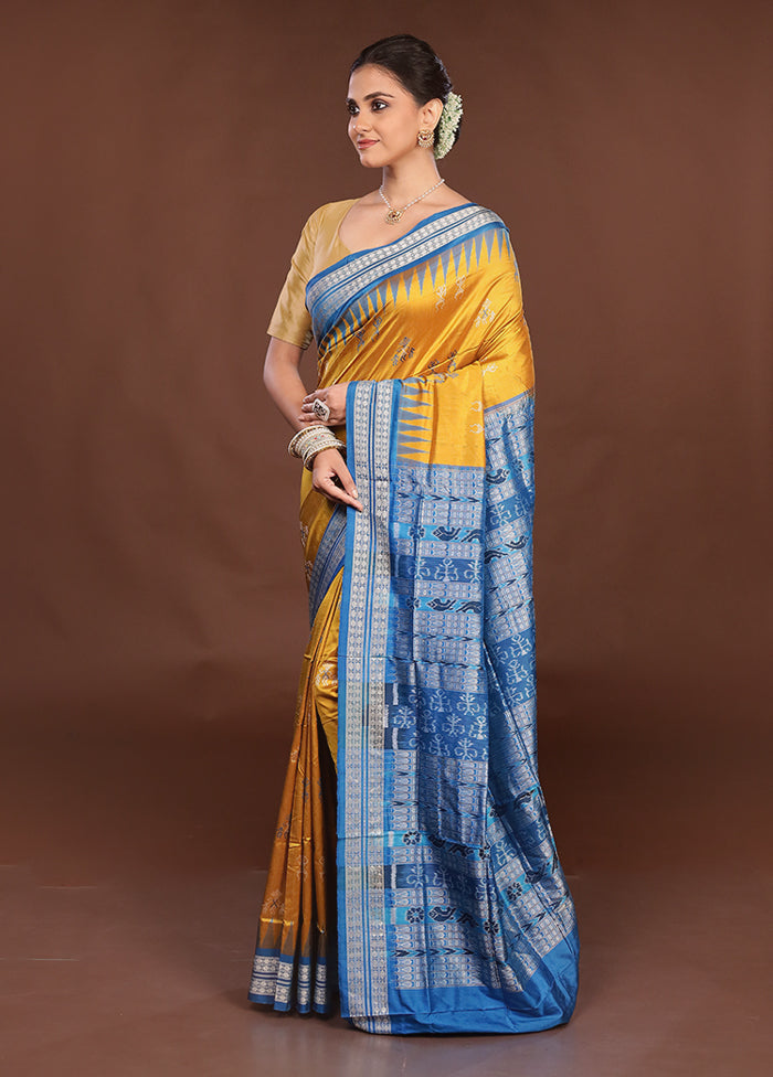 Yellow Handloom Bomkai Pure Silk Saree With Blouse Piece