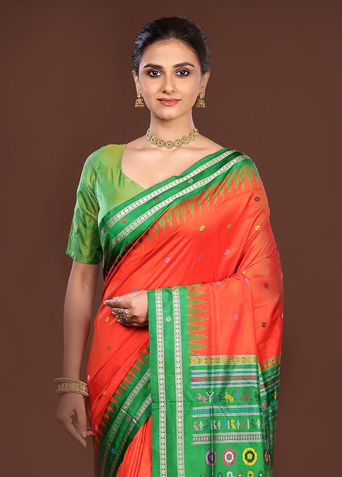 Red Handloom Bomkai Pure Silk Saree With Blouse Piece