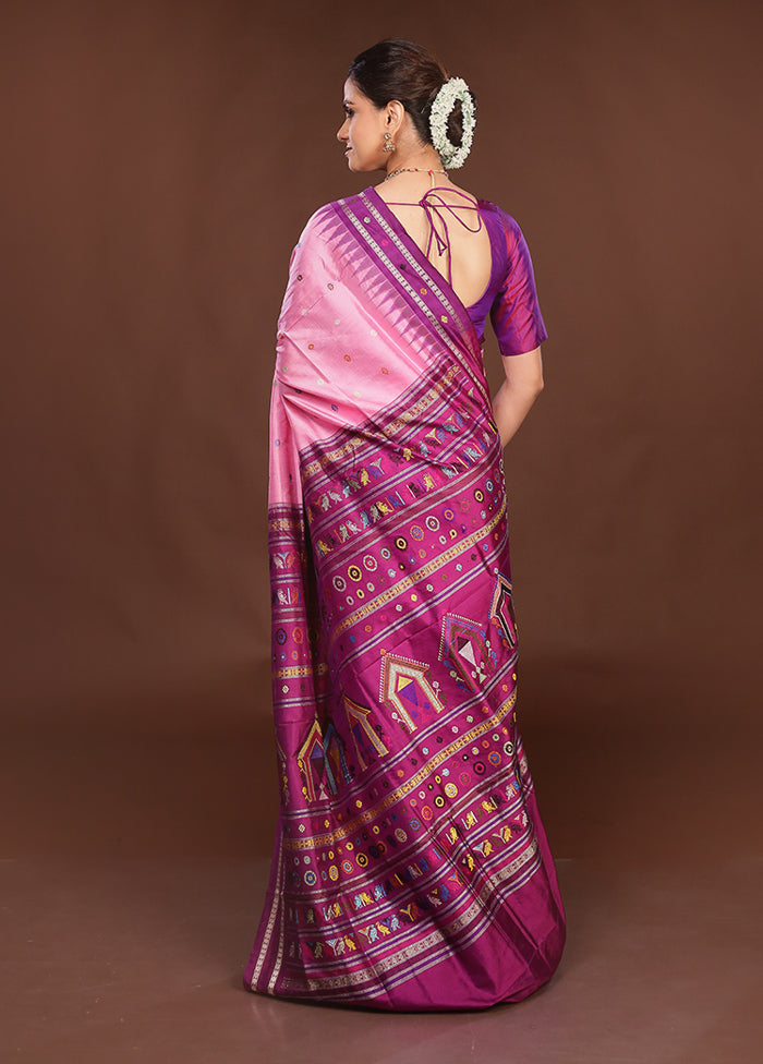 Pink Handloom Bomkai Pure Silk Saree With Blouse Piece