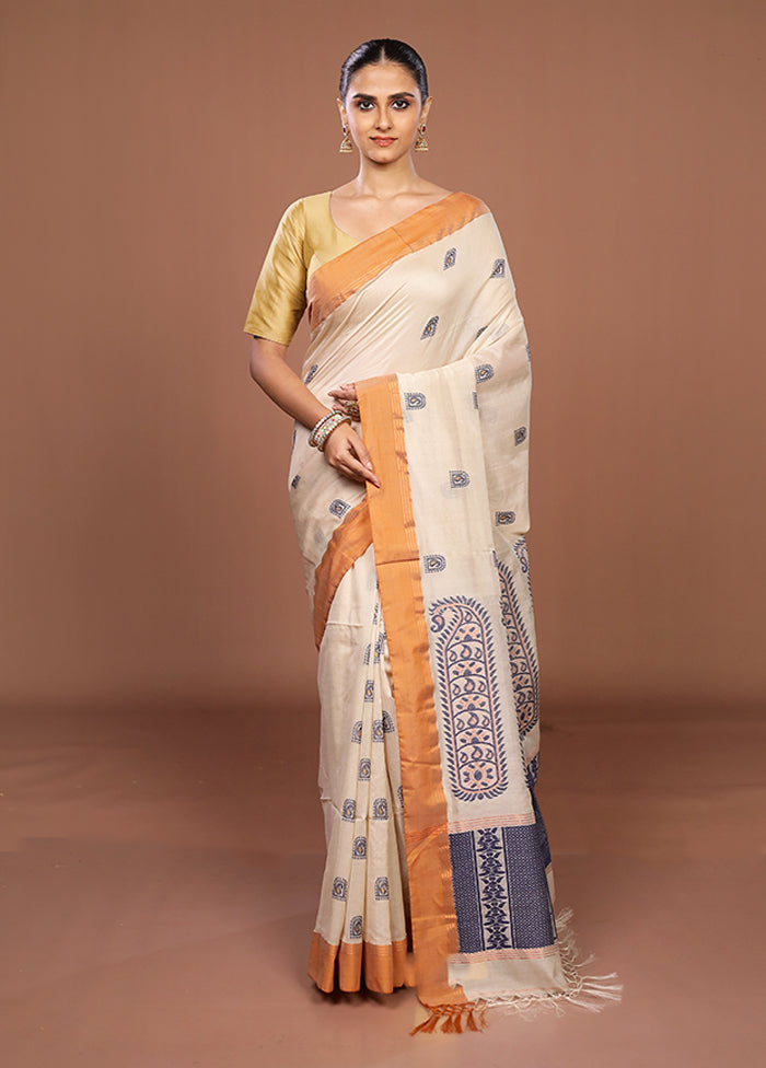 Cream Handloom Matka Pure Silk Saree With Blouse Piece