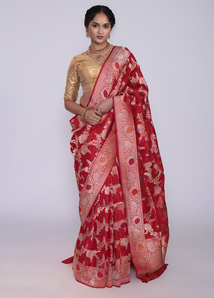 Red Handloom Katan Pure Silk Saree With Blouse Piece