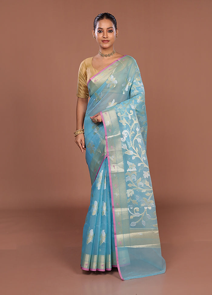 Blue Organza Saree With Blouse Piece