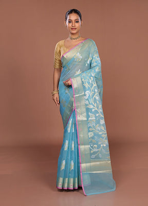 Blue Organza Saree With Blouse Piece