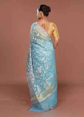 Blue Organza Saree With Blouse Piece