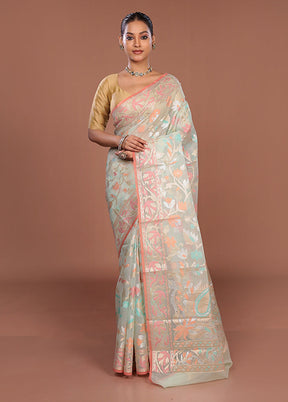 Blue Organza Saree With Blouse Piece