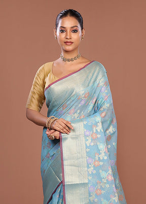 Blue Cotton Saree With Blouse Piece