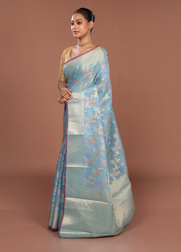 Blue Cotton Saree With Blouse Piece