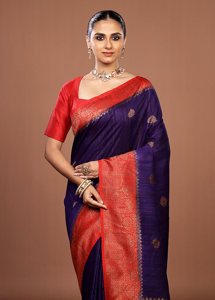 Blue Handloom Tussar Pure Silk Saree With Blouse Piece