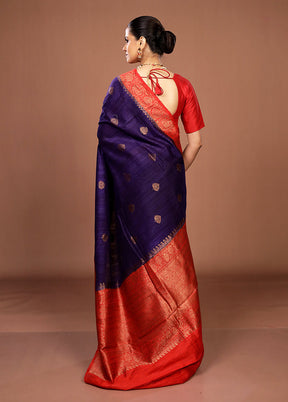 Blue Handloom Tussar Pure Silk Saree With Blouse Piece