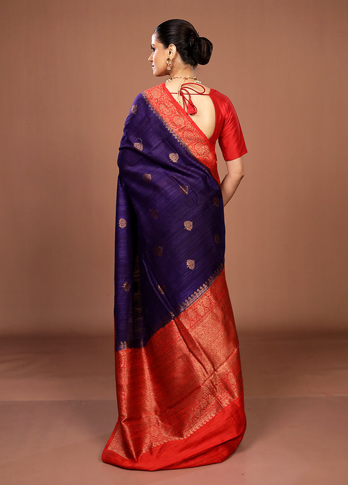 Blue Handloom Tussar Pure Silk Saree With Blouse Piece