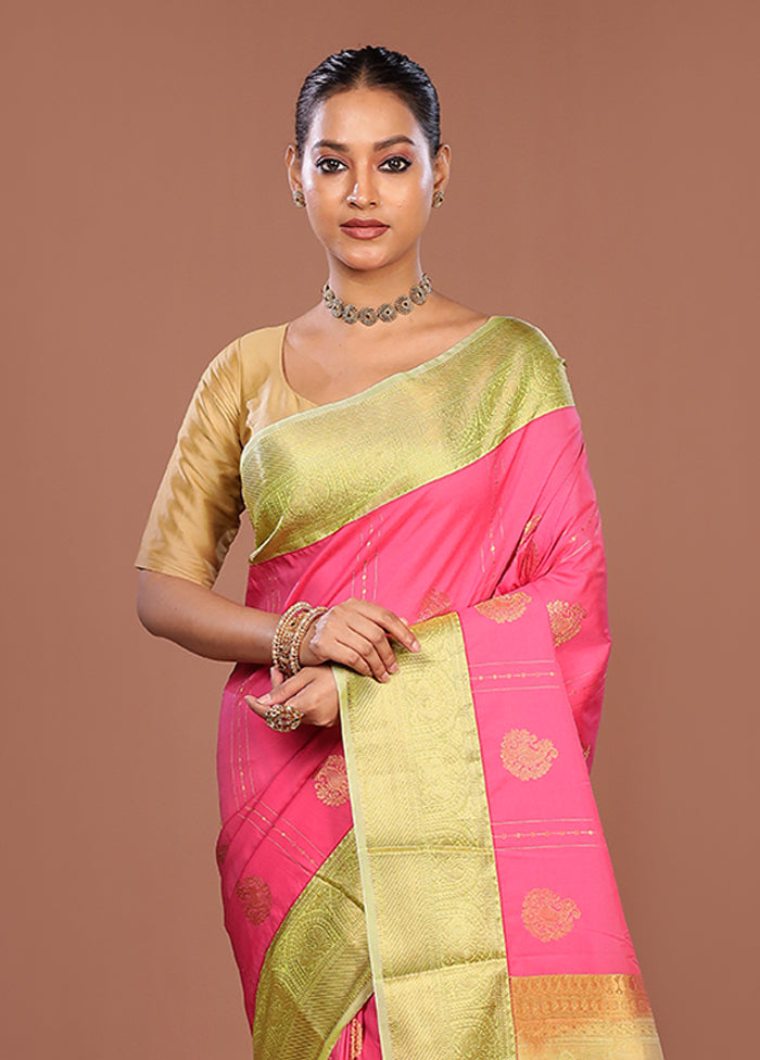 Pink Kanjivaram Silk Saree With Blouse Piece