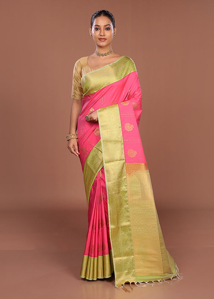 Pink Kanjivaram Silk Saree With Blouse Piece