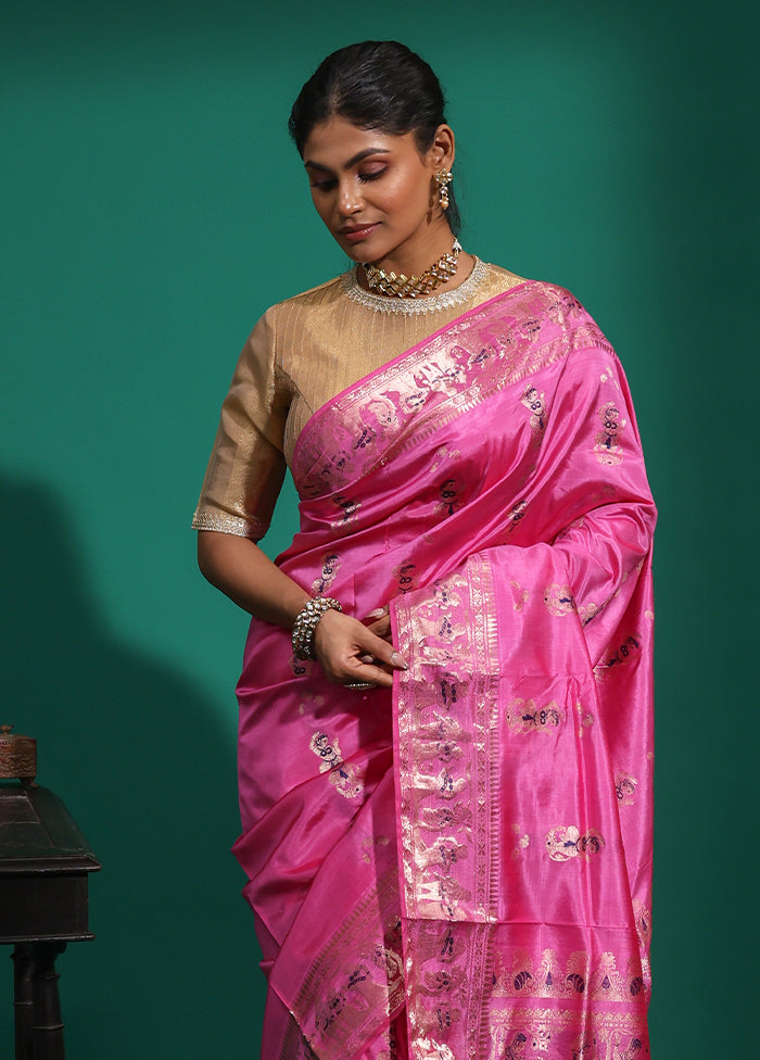 Pink Handloom Baluchari Pure Silk Saree With Blouse Piece