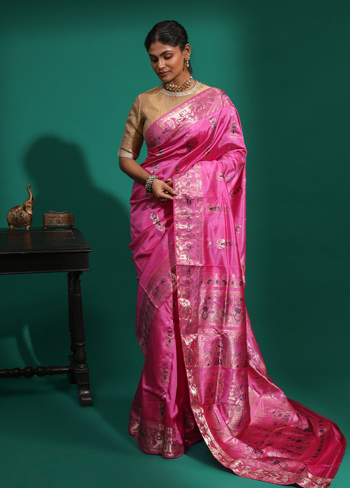 Pink Handloom Baluchari Pure Silk Saree With Blouse Piece