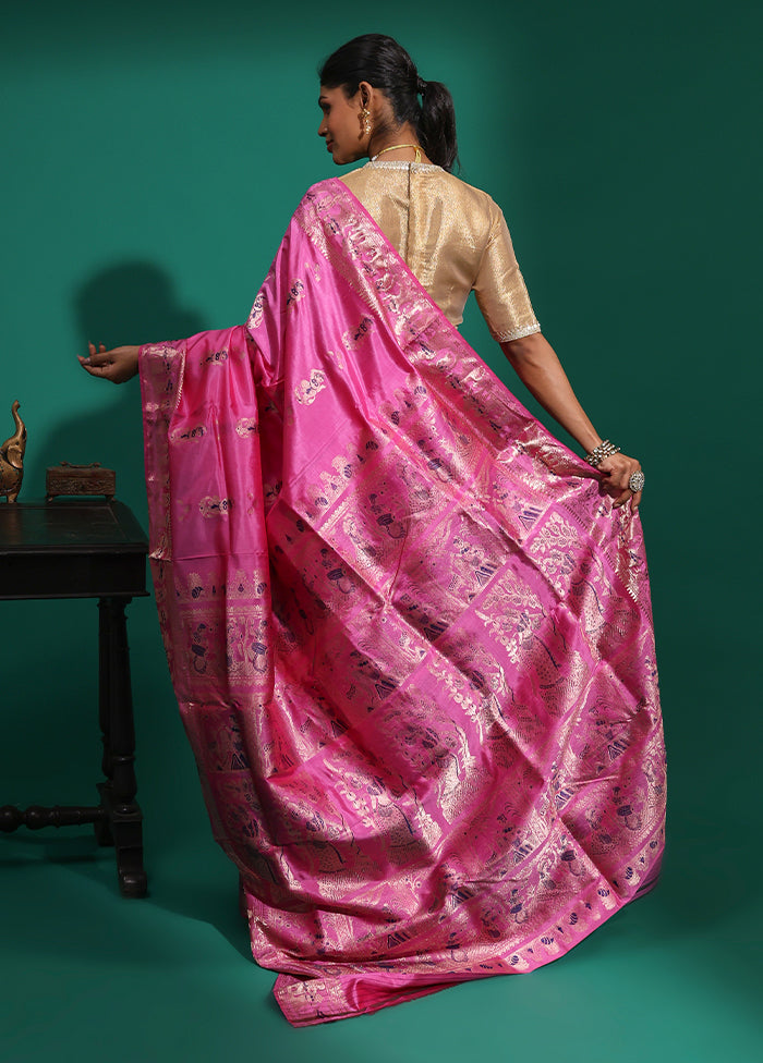 Pink Handloom Baluchari Pure Silk Saree With Blouse Piece