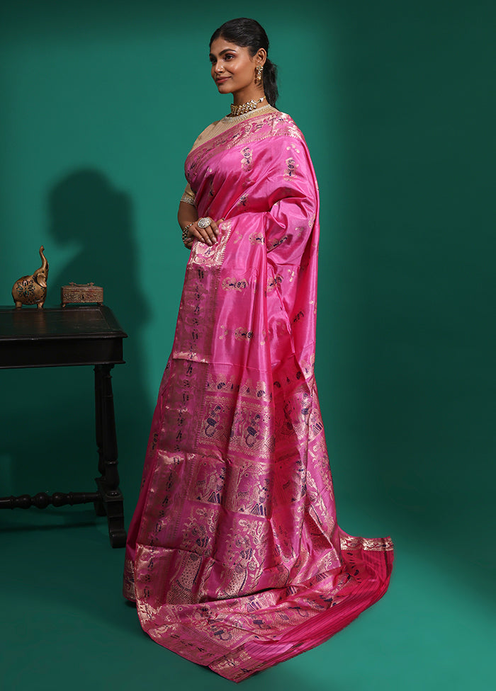 Pink Handloom Baluchari Pure Silk Saree With Blouse Piece