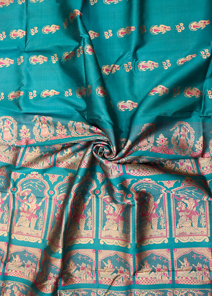 Blue Handloom Baluchari Pure Silk Saree With Blouse Piece