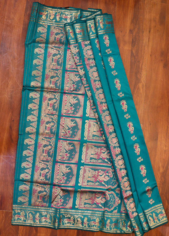 Blue Handloom Baluchari Pure Silk Saree With Blouse Piece
