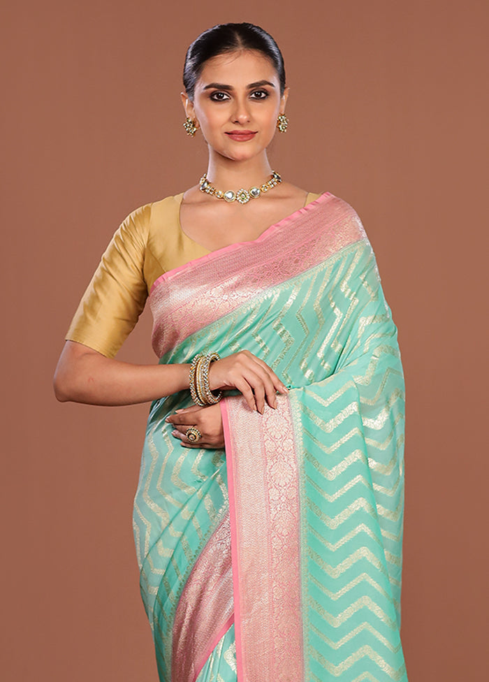 Green Handloom Pure Georgette Saree With Blouse Piece