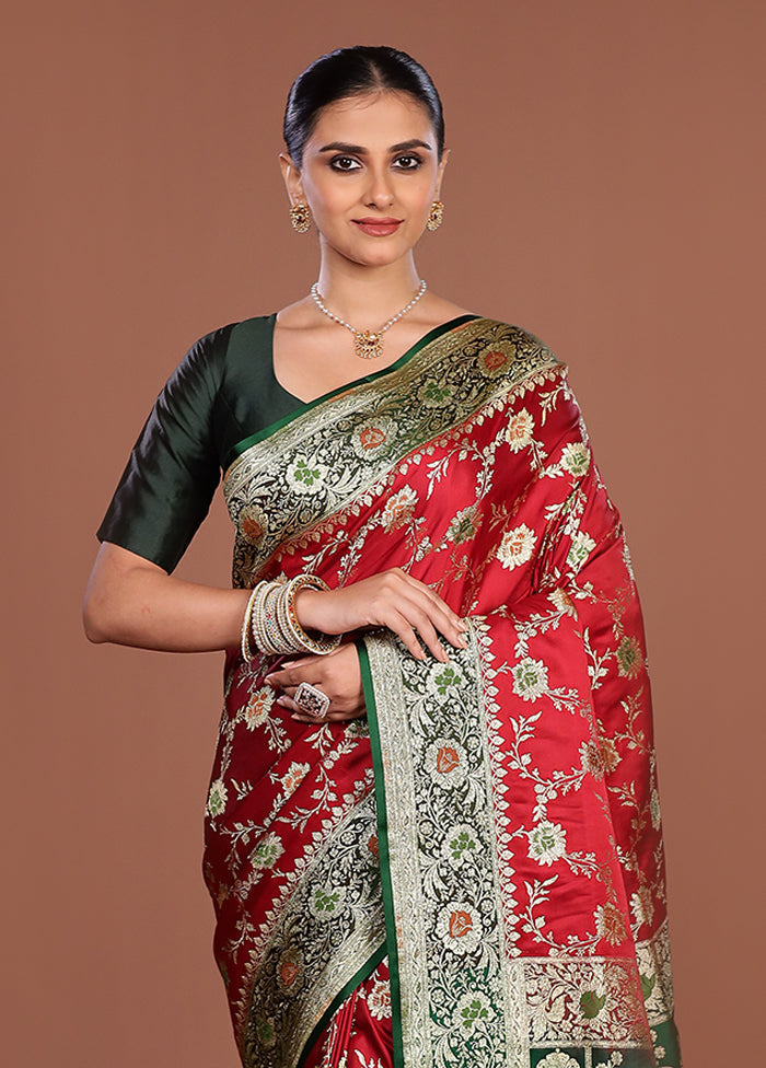 Red Banarasi Silk Saree With Blouse Piece
