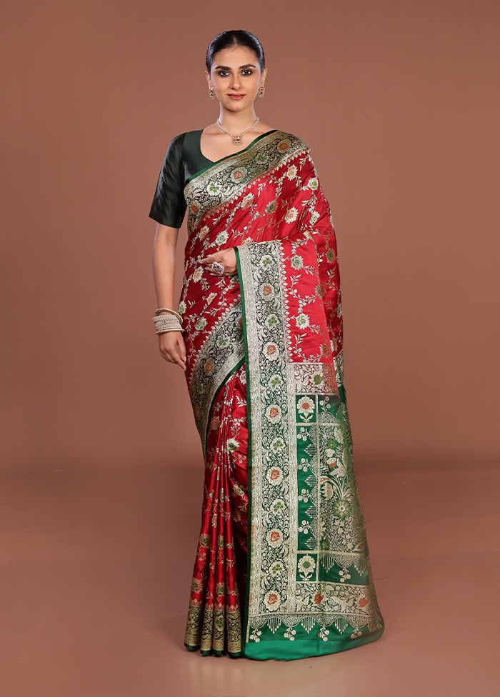 Red Banarasi Silk Saree With Blouse Piece