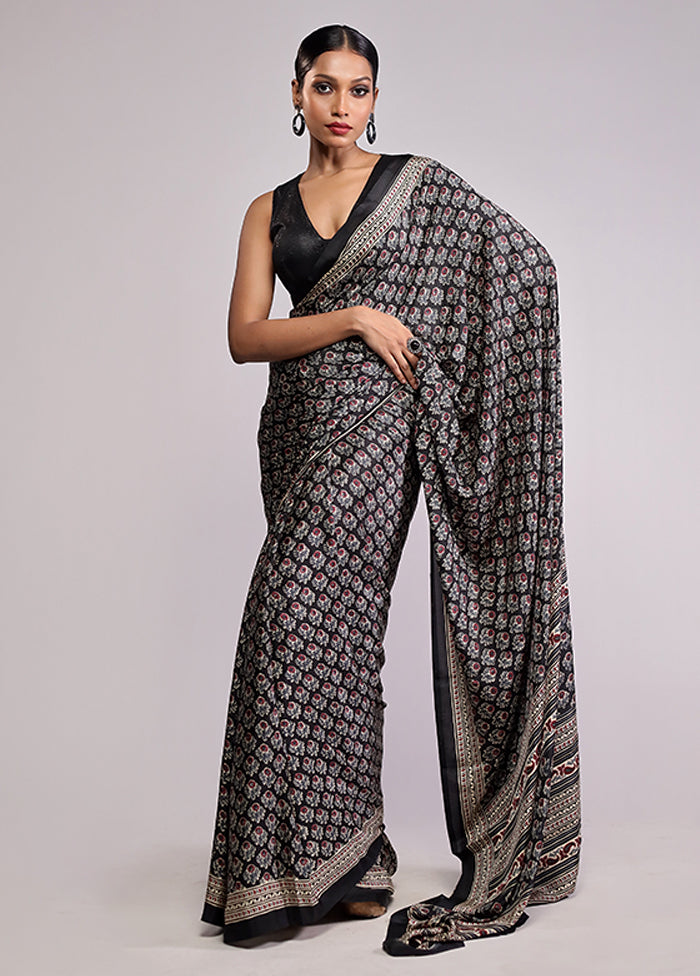 Black Printed Silk Saree Without Blouse Piece