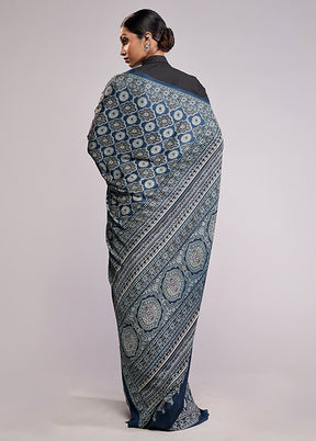 Blue Printed Silk Saree Without Blouse Piece