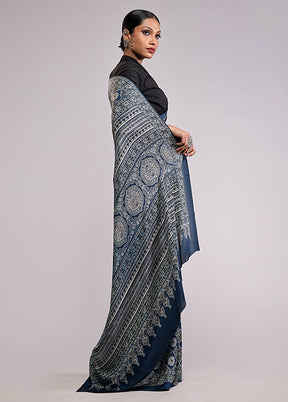 Blue Printed Silk Saree Without Blouse Piece
