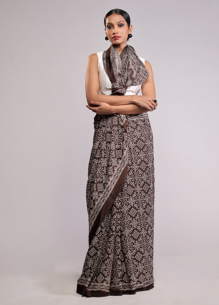 Brown Printed Silk Saree Without Blouse Piece
