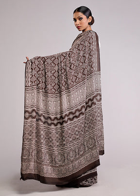 Brown Printed Silk Saree Without Blouse Piece