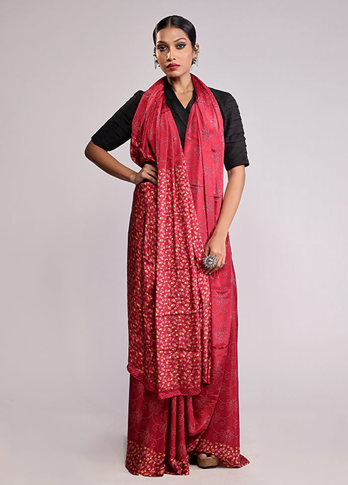 Red Printed Silk Saree Without Blouse Piece