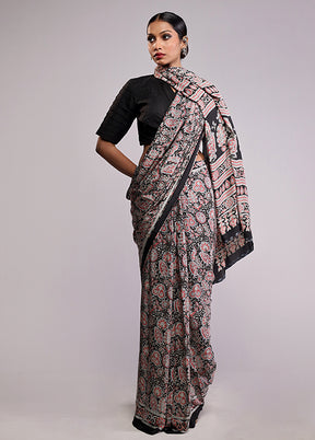 Black Printed Silk Saree Without Blouse Piece
