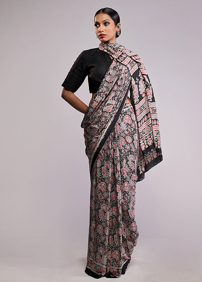 Black Modal Silk Saree With Blouse Piece