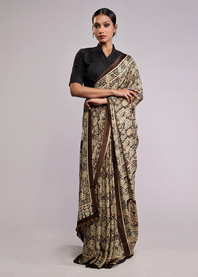 Brown Printed Silk Saree Without Blouse Piece