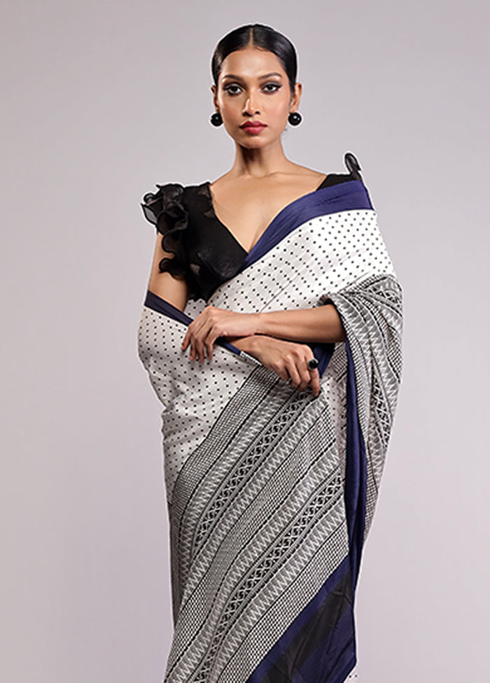 White Printed Silk Saree Without Blouse Piece